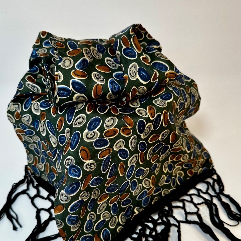 Vintage Fringe Neck Scarf Boho Retro Green Patterned Skinny Scarf - Picture 2 of 6